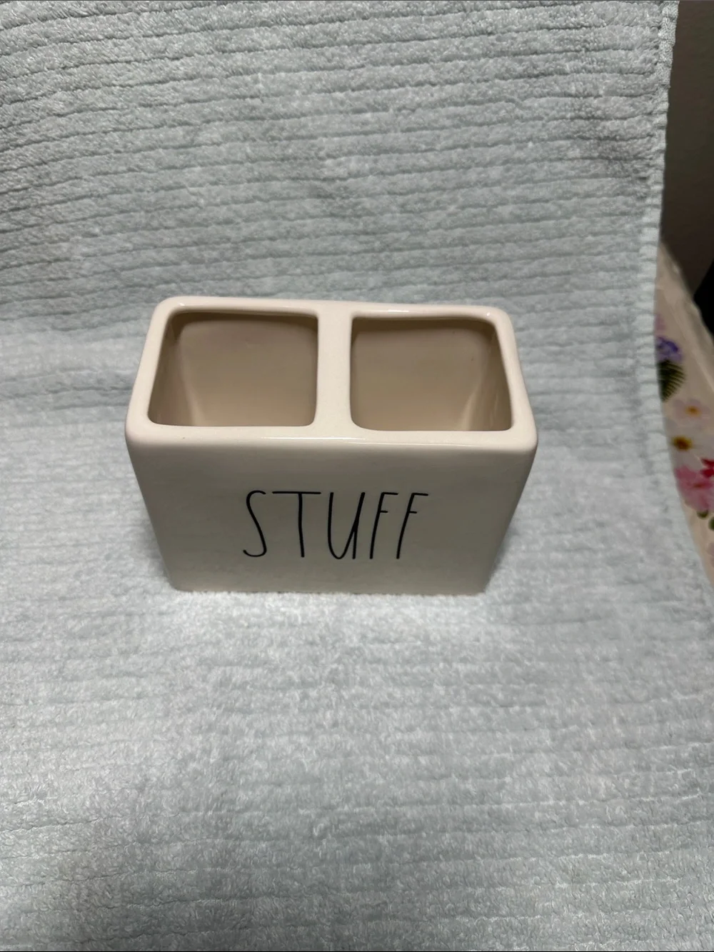 Cream 'STUFF' Ceramic 2 section storage container by Rae Dunn